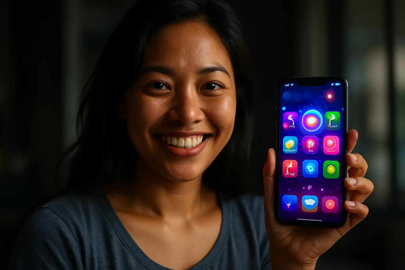 Cheerful Filipino woman holding glowing smartphone showing colorful gaming app UI