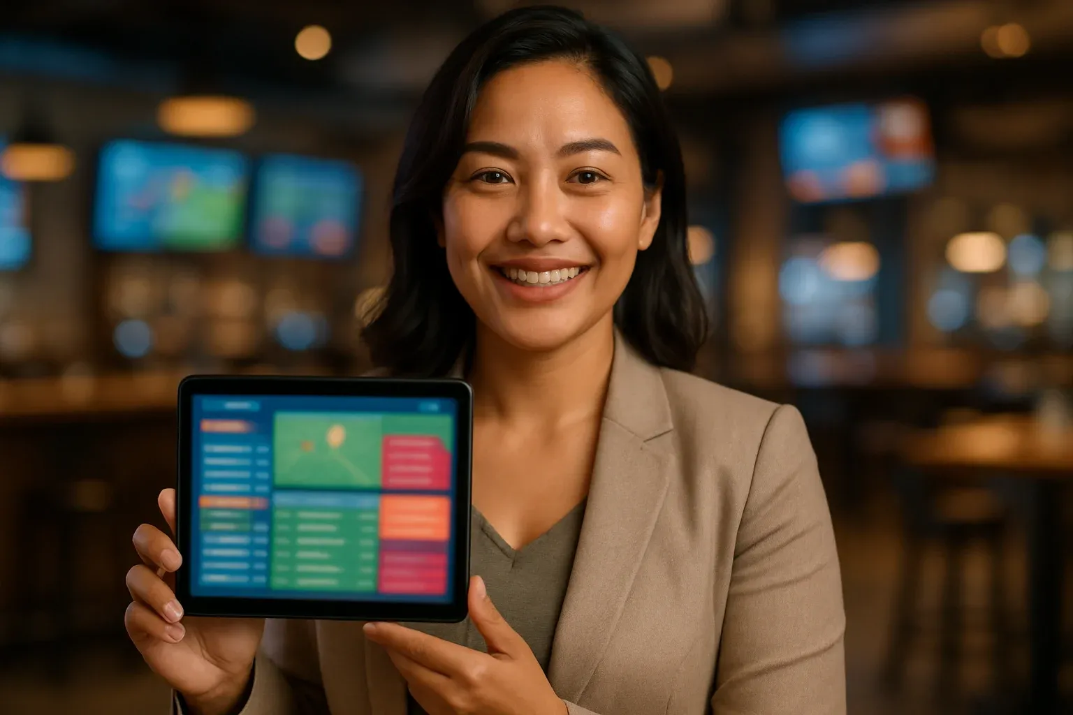 Confident Filipino woman holding tablet with blurred live sports betting dashboard