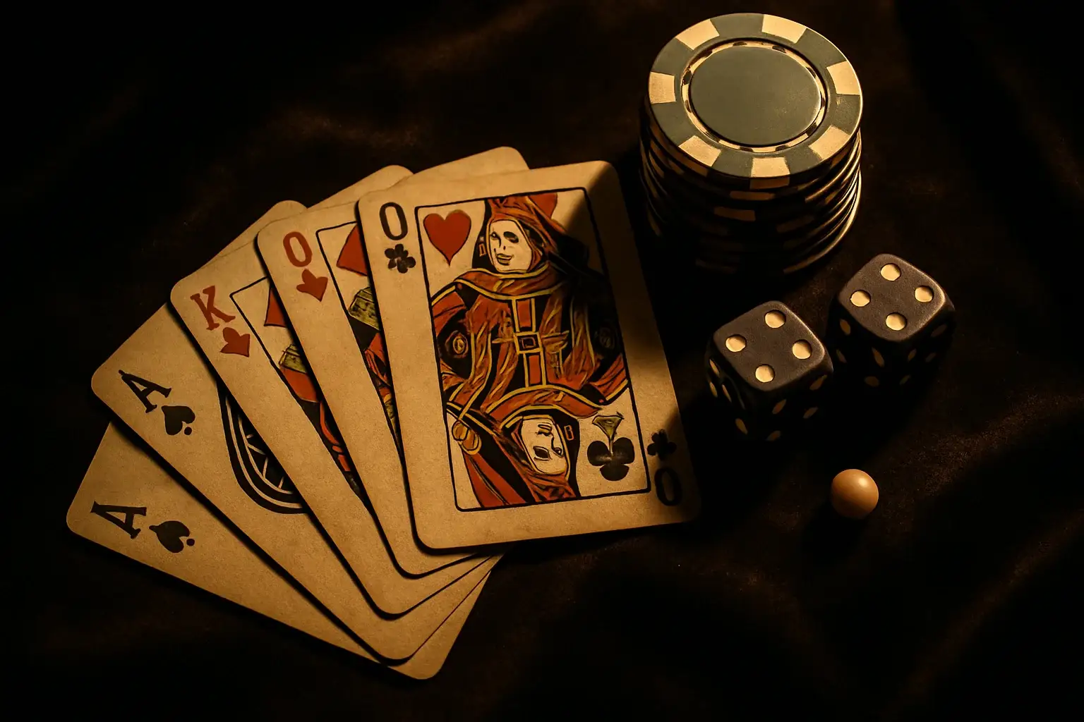 Top-down flat-lay of playing cards, casino chips, dice, and roulette ball