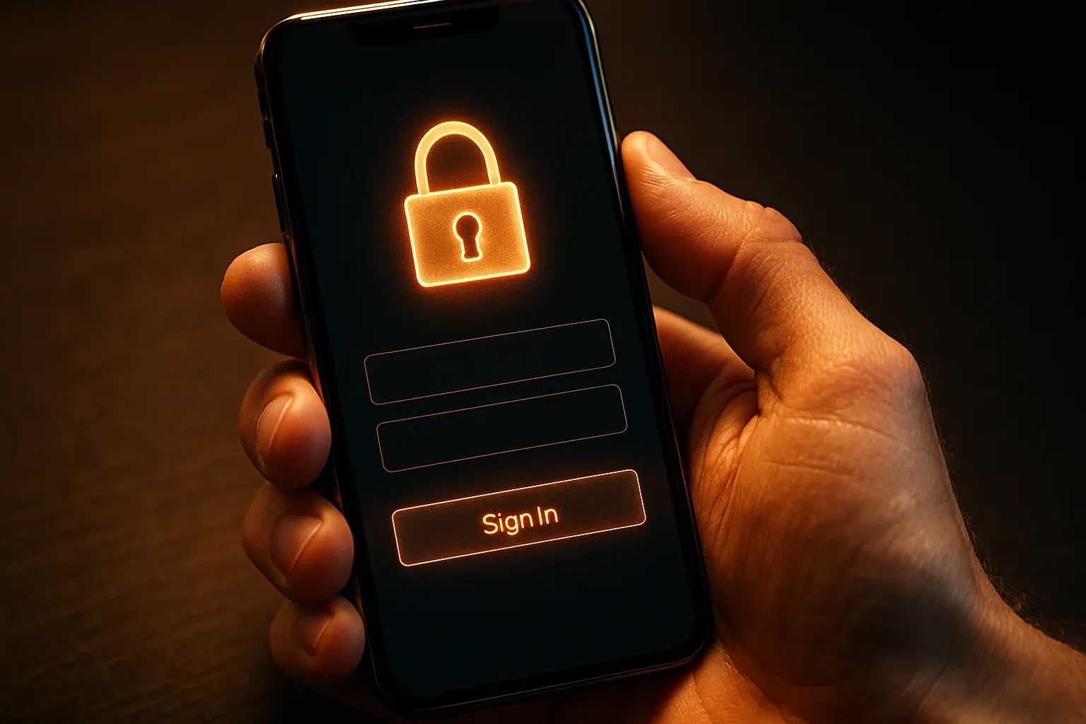 Macro photo of hand holding smartphone showing secure login padlock interface