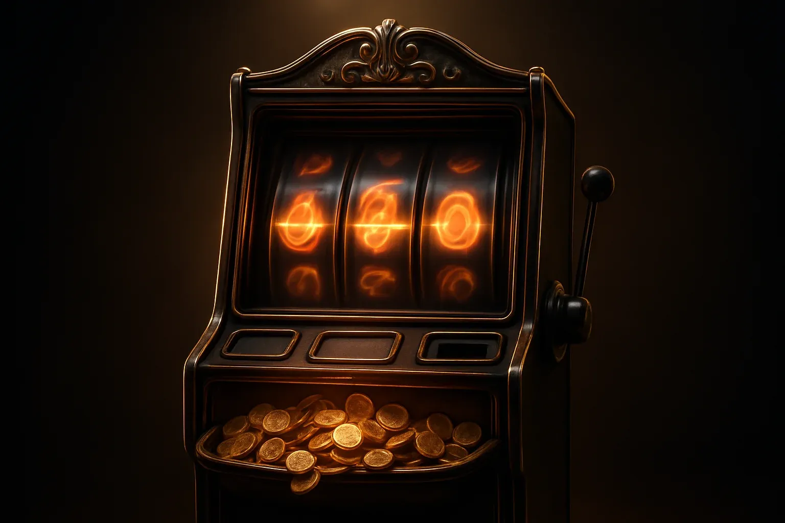 Ultra-realistic ornate slot machine with spinning reels and golden coins spilling